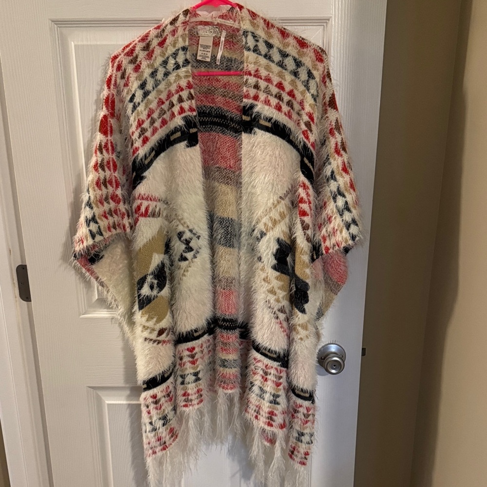Free People Red and Cream Patterned Poncho